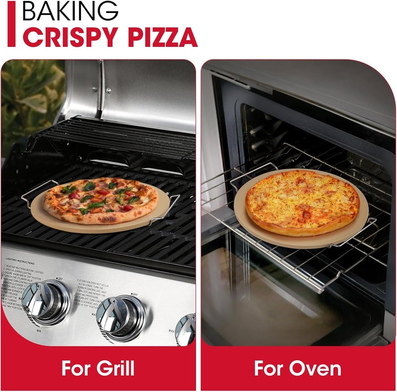 Unicook 12 Inch Round Pizza Stone for Oven and Grill, Cordierite Bread Baking Stone, Baking Crispy Pizzas, Bread and Cookies, Includes Carry Rack and Dough Scraper - Image 3